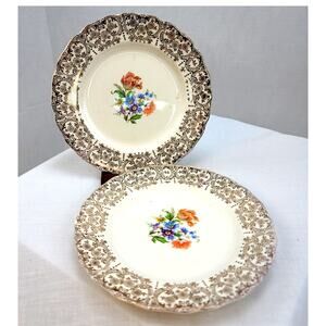 2 Keystone Canonsburg Pottery Vintage Floral Saucers Gold Filigree with Hangers